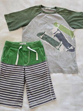 5-6Y Mini Boden Shirt and Shorts Set - Skateboards Green/Gray Colorway